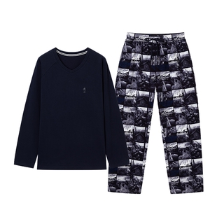 Jockey男士睡衣睡裤纯棉印花舒适可外穿家居服套装男长袖两件套