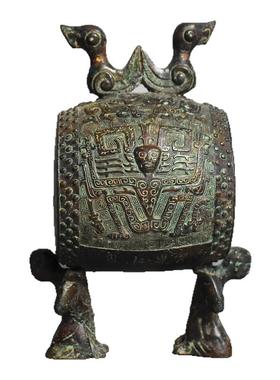 青铜器仿古乐器三星堆双凤鼓架道具摆件家居礼品客厅装饰影视道具