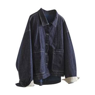 重工100%斜纹棉 复古POLO领夹棉牛仔外套女宽松 日系短款棉衣棉服
