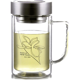 富光玻璃杯双层带盖便携水杯耐热大容量杯子家用带把过滤茶杯定制