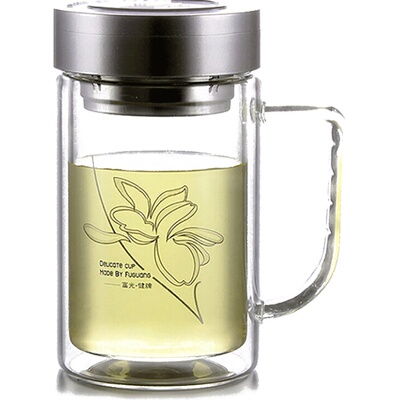 富光双层带盖杯子过滤玻璃杯