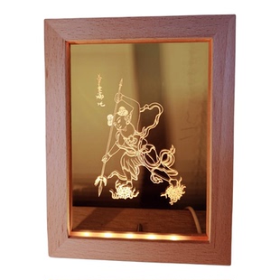 古籍传承二郎神赵公哪吒太上老君画像灯精雕实木USBLED展灯夜灯