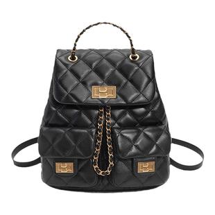 百丽女包质感真皮小香风上班通勤背包羊皮黑色链条双肩包X9330BX4