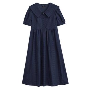 阔色蓝色肌理衬衫连衣裙女2026夏季新款泡泡袖法式收腰显瘦长裙子