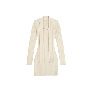 MULVAN知性摩卡 气质飘带V领针织连衣裙女温柔打底内搭长袖包臀裙