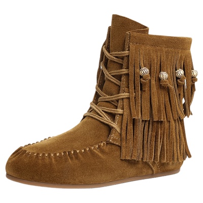 红蜻蜓西部靴秋冬女鞋美拉德牛仔短筒靴流苏平底瘦瘦靴女旅游靴子