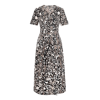 马天奴黑色V领钉珠印花连衣裙