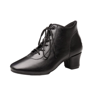 秋冬季牛皮高帮真皮舞蹈鞋女软底广场舞鞋交谊黑色水兵靴中跟加绒