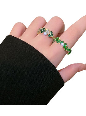 幸运草绿色锆石戒指女2026年新款高级感轻奢气质开口可调节指环潮