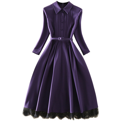 秋装新款A字裙蕾丝大摆连衣裙