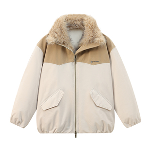 江南先生NewJNXS仿麂皮拼接长毛90绒工装派克服加厚羽绒座山雕冬