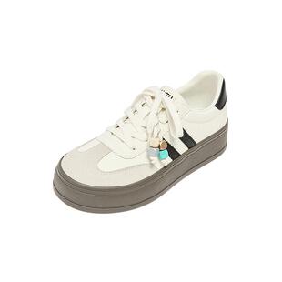 三福女板鞋春季韩系校园风串珠撞色低帮德训鞋圆头女鞋850671