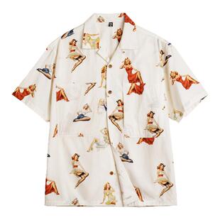 马登工装美式复古满印花古巴领衬衫夏威夷短袖沙滩衬衣外套男款夏