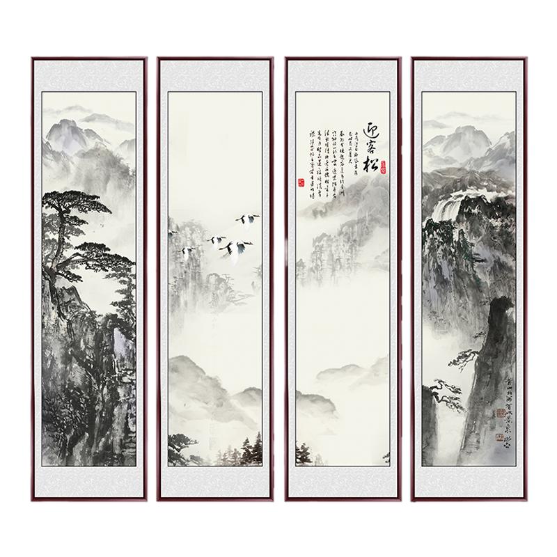 四联挂画水墨画山水画茶室壁画
