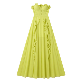 海岛旅游拍照度假裙绿色立体荷叶边抹胸连衣裙飘逸仙女裙生日礼服