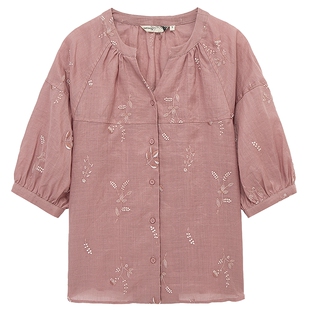 布景衬衫女夏季新品简约文艺绣花七分袖宽松苎麻小衫衬衣0556