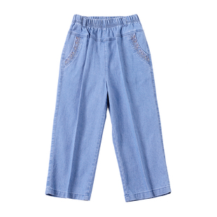 酷太太夏季薄款松紧腰牛仔七分裤女高腰宽松弹力直筒裤中老年女裤