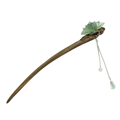 天然冰种岫玉荷花绿檀木发簪