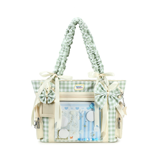 meowbunny 芽芽绿托特痛包女斜挎两用甜美蝴蝶结丝带暗格可藏灯牌