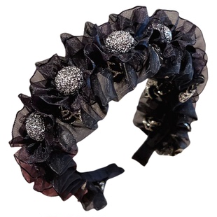 高颅顶蓬松黑色网纱褶皱发箍百搭闪钻发夹高级感显脸小头箍发卡女