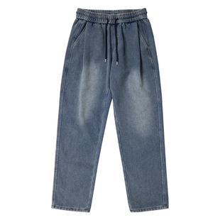 秋冬加绒水洗黑牛仔卫裤版牛仔裤人字纹男款垂感宽松微锥直筒长裤