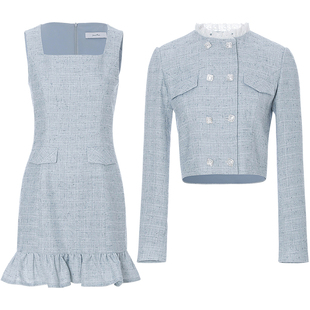 sincethen 蓝色富家千金套装裙小香风秋冬外套连衣裙礼服裙子女夏