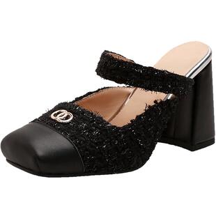 小香风时尚包头粗跟半拖鞋女凉鞋春夏季新款拼色外穿高跟穆勒鞋潮