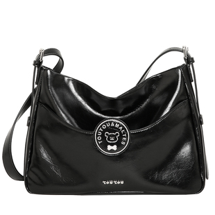 TOUTOU新款线条小狗联名徽章托特包大容量黑色软皮单肩斜挎包女款