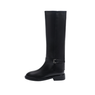 真皮~骄屿皮带扣裤管靴2025秋冬新款不过膝长筒靴圆头高筒骑士靴