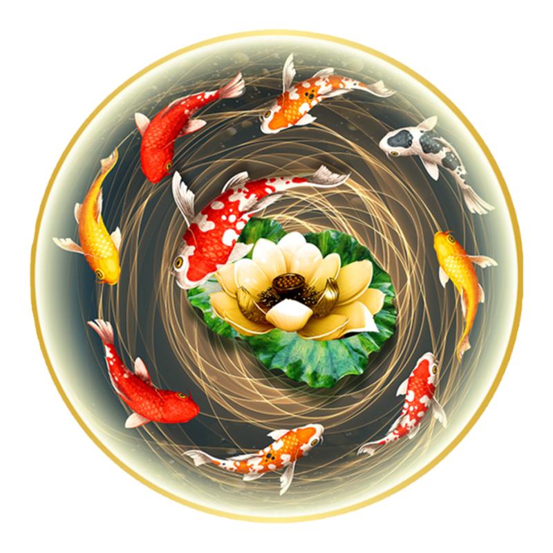 九鱼图招财挂画新中式圆形装饰画玄关带灯墙画led发光壁画锦鲤图