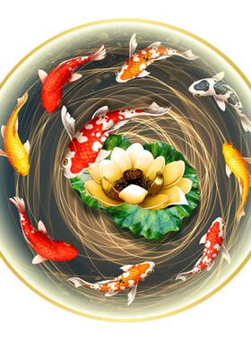 九鱼图圆形装饰画玄关带灯画