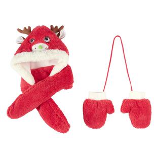 woobaby儿童帽子围巾手套组合羊羔绒冬装男童女童加厚保暖拜年服