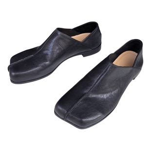 2026早春真皮单鞋男女同款水洗马皮方头乐福鞋女复古粗跟皮鞋两穿