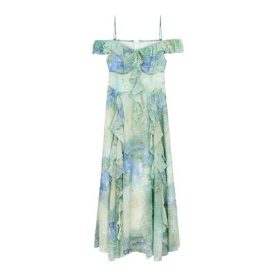 度假风A型雪纺扎染荷叶边连衣裙