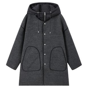 流石男装毛呢中长款大衣2025年冬季新款男士全羊毛假两件连帽外套