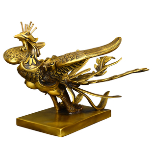 纯黄铜凤凰摆件四灵之朱雀呈祥客厅玄关工艺结婚礼品卧室家居摆