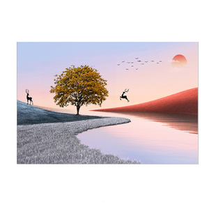 现代简约麋鹿山水风景画画心客厅餐厅沙发背景墙样板间挂画自粘画