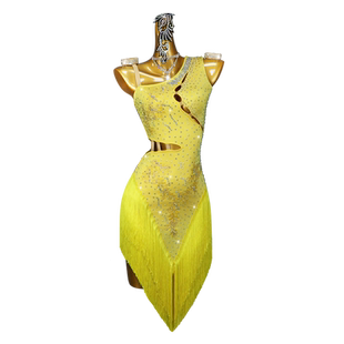 2026新款专业黄色拉丁舞演出比赛服装舞蹈流苏连衣裙国标花服solo