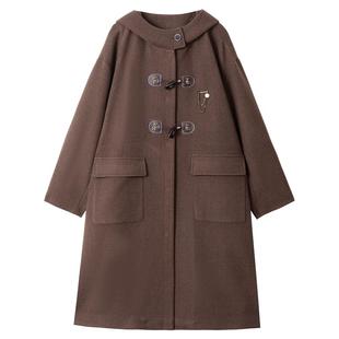 KEIKO 复古牛角扣斗篷型毛呢大衣秋冬学院风中长款连帽呢子外套