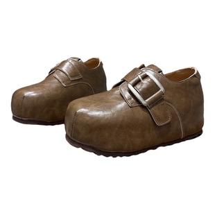 皮带扣厚底勃肯鞋女2026春季新款白色圆头休闲面包鞋内增高小个子