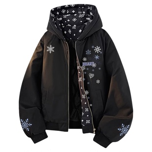 查尔斯桃心 美式雪花涂鸦连帽情侣棉衣冬季加厚保暖棉服外套
