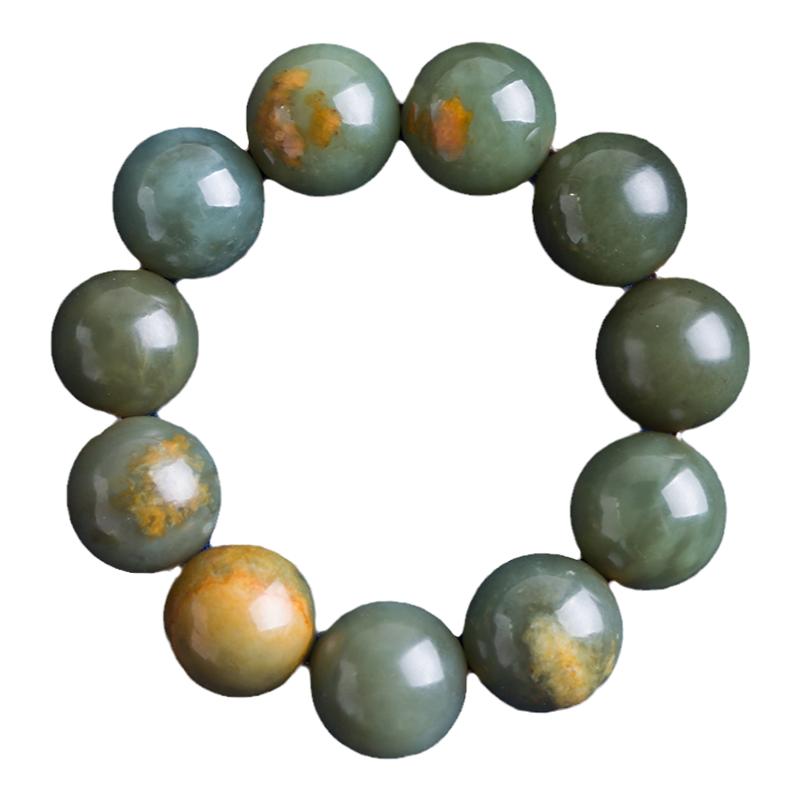 原创设计东北青玉籽料析木绿河磨玉复古原皮色20圆珠男款单圈手串