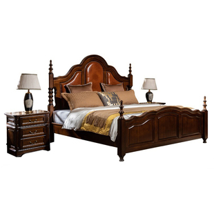 高端美式全实木床简约主卧室真皮床高箱软包靠背双人婚床1.8米