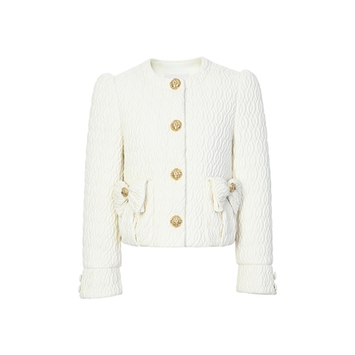 lefame拉飞姆冬季绞花绗缝短款米白色保暖羽绒服