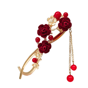 新中式流苏花朵扭扭夹发夹女后脑勺汉服古风新年订婚红色头饰夹子