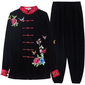 古韵中华新款太极服女秋冬款加厚刺绣金丝绒太极拳服装练功服保暖