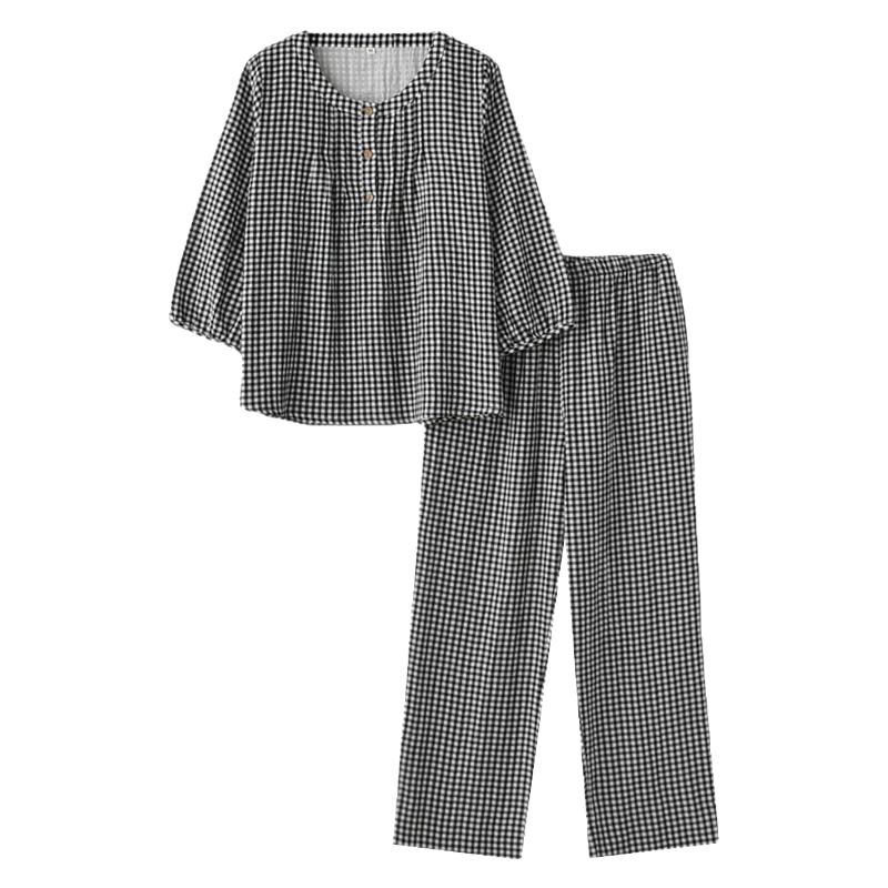 色织复古格子睡衣女春秋夏季纯棉纱布薄款九分袖九分裤家居服套装