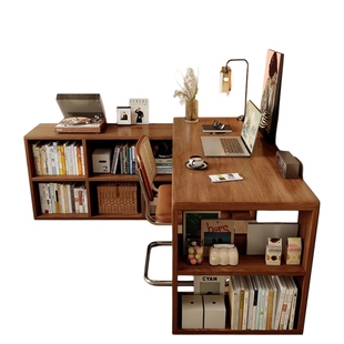 实木转角书桌书架书柜一体卧室家用学习桌写字台中古风L型电脑桌