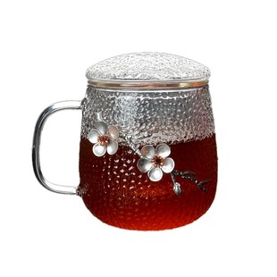 玻璃茶杯女花茶杯高硼硅水杯茶水分离带盖锤纹泡茶杯日式梅花杯子