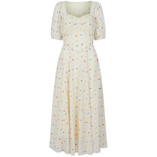 【断码清仓】Ching's 方领樱桃彩色刺绣连衣裙 法式复古高腰裙